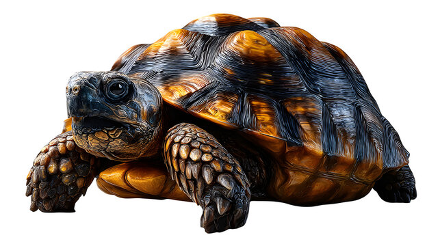 Large land turtle in side view walking slowly, detailed shell pattern and rugged legs captured with realism, isolated on transparent background
