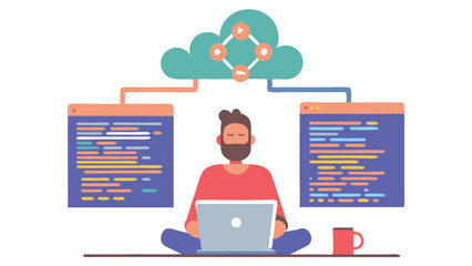 Man sitting with laptop connected to cloud and code windows with a cup on the side on a white background