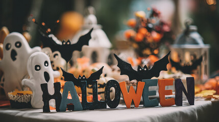 A photo of colorful Halloween typography with ghost and bat elements on a children's party table