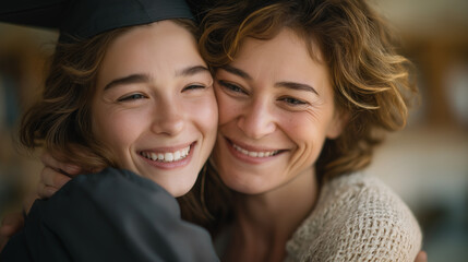 Graduate girl hugs mother at home celebrating diploma achievement