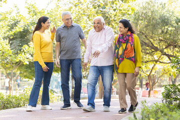 Group of happy indian senior men and women laughing and walking together in summer park. Retirement...