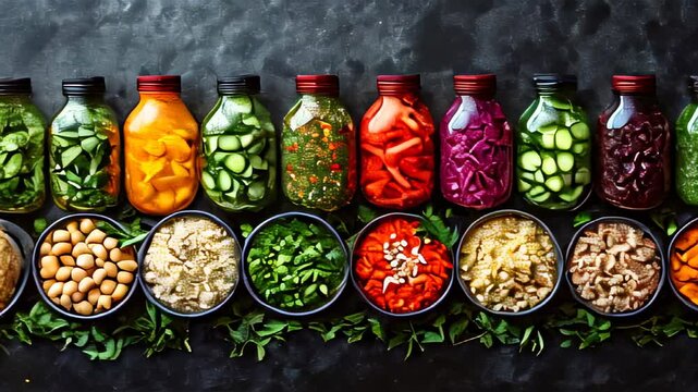 Row of jars filled with different types of vegetables food background