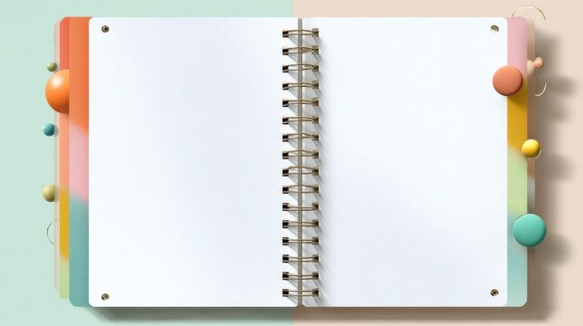 A spiral bound notebook with a white page and colorful beads on the cover - Powered by Adobe