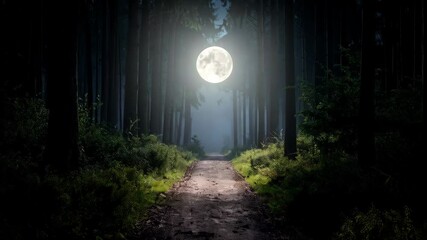 Eerie moonlight illuminating a dirt path through a dark, dense forest with tall trees and green foliage, creating a mysterious and magical atmosphere. - Powered by Adobe