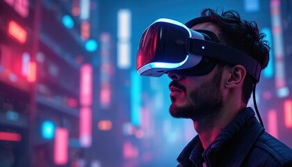 Man immerses into virtual reality world. VR headset, glowing neon lights, futuristic tech, cyberspace digital. High-tech innovation, entertainment, gaming, modern metaverse experience.