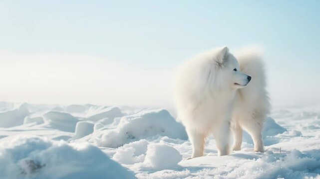 A white fluffy dog standing on a vast snowy landscape. Samoyed dog in winter nature, cold weather concept footage.