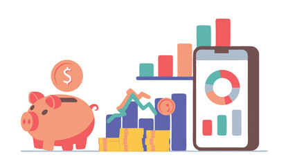 Illustration showing a piggy bank, coins, bar graphs, and a mobile phone displaying a pie chart and bars