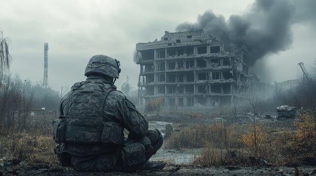 Soldier observing war-torn city with smoky ruins in the background