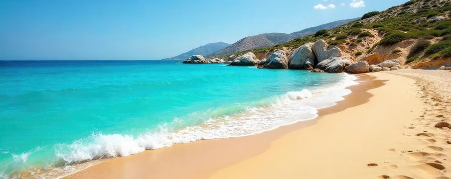 Sun-drenched golden sand meets crystal-clear turquoise water on a secluded Greek beach Perfect for relaxation and escape, this idyllic scene evokes the beauty of the Aegean Sea , sea, Mediterranean