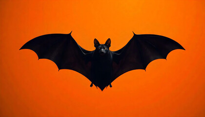 A single large black bat on an orange background with "Happy Halloween" written, creating a bold and spooky Halloween-themed visual.

