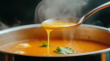 A bowl of soup being served straight from a steaming pot, ladle dripping with broth 