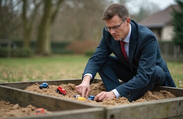 Adult businessman plays with toy cars in sandbox. Man in suit enjoys childhood game, imagining driving trucks. Playful activity on playground, funny moment, relax, freedom from business routine.