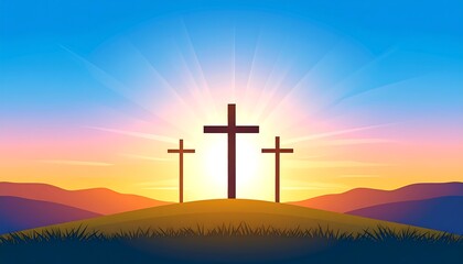 Three Crosses at Sunset on Hill.
