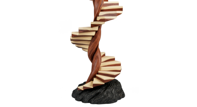 Wooden spiral staircase sculpture in blackness