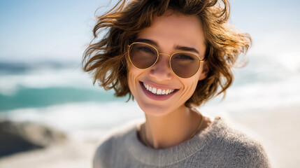 Happy woman enjoying a sunny day at the beach with sunglasses