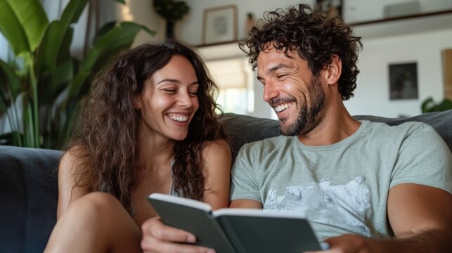 A couple sitting together, smiling while looking at a nostalgic photo album 