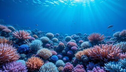 Obraz premium A hyperrealistic underwater scene of a coral reef with a strong emphasis on geometric coral formations. Sharp, angular sunbeams pierce the surface,
