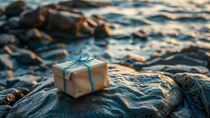 A small gift in brown paper with a blue ribbon lies on the coastal rocks against the backdrop of the sunset. The sea surface reflects the warm light. The theme of romance, surprise and nature.