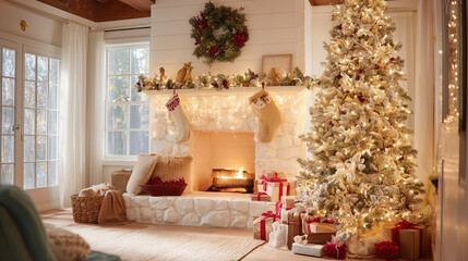 Living room scene with a Christmas tree next to a decorated fireplace, gifts stacked underneath, stockings hung, and string lights along the mantle. Wreath above the fireplace.