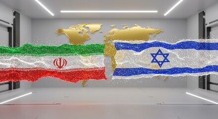 Flag designs Iran and Israel digital data streams texture background Map