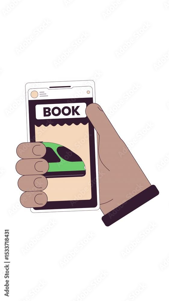 Poster train booking application on mobile device 2d vertical animation. black hand reserving rail ticket d