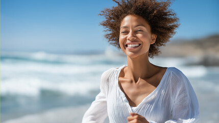 Carefree woman running along the seashore under bright sunlight