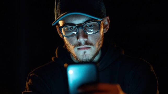 A hacker in a pitch-black room, only their phone screen revealing part of their face - Powered by Adobe