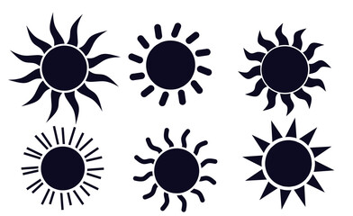 Sun icons. Set of sun vector icons in black isolated. Set contains 6 collection of sun icons in black. Bright summer icons isolated on white background. Flat design. Vector illustration.