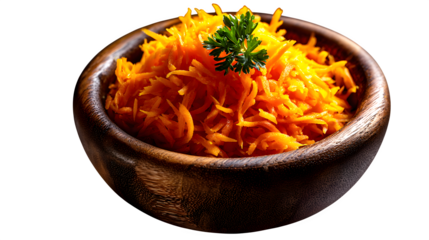 Shredded fresh carrots in rustic wooden bowl, top view with soft shadows and natural texture, isolated on transparent background