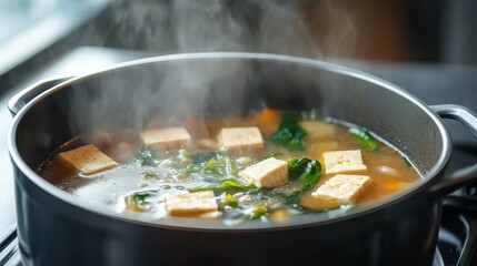 A pot of miso soup steaming on the stove, tofu and seaweed floating inside 