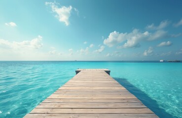 Wooden pontoon extends into bright blue sea under a sunny sky. Tranquil scene of clear turquoise water, white clouds, blue horizon. Vacation, travel, summer, scenic, relaxation, sea coast.