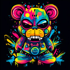Naklejka premium Fierce Neon Graffiti Bear Character with Dripping Paint Effects on Black Background, Colorful Urban Street Art Style Illustration with Bold Expression