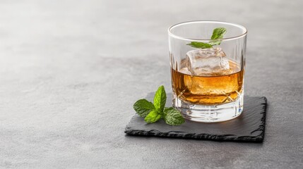 A whiskey glass placed on a slate coaster, with a sprig of fresh mint for decoration 