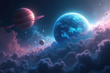 Cosmic Landscape Glowing Planets Nebula and Celestial Clouds