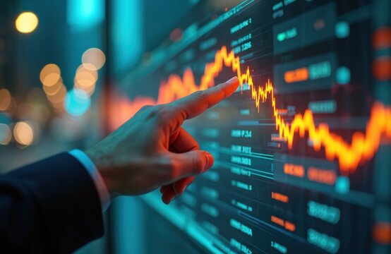 Businessman hand pointing stock market graph. Financial data on screen with digital chart. Investment, business, finance concept. Economic analysis, stock exchange trading. Downward trend.