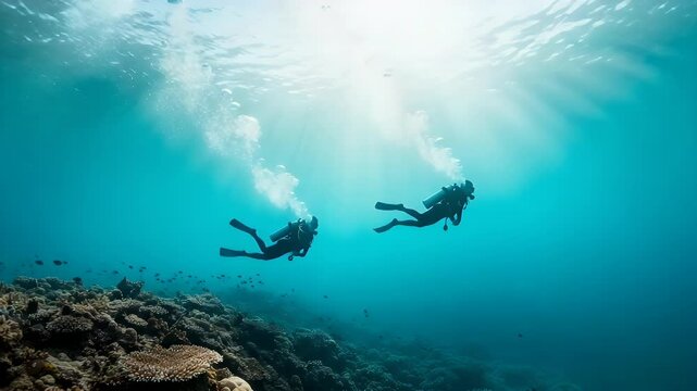 Two scuba divers explore a vibrant coral reef
