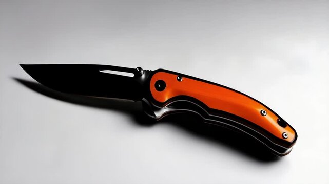 A sleek folding knife with a black blade and an orange handle, positioned on a light gray surface.