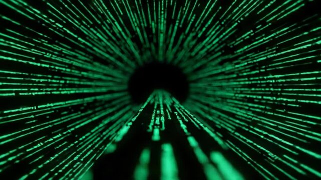 Green digital tunnel with streaming data in motion  