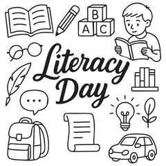 International Literacy Day Doodle Vector – Hand-Drawn Black and White Education Icons with Typography