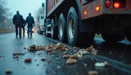Truck wheel on wet asphalt road. Fragments food lying on road. Three men silhouette against truck. Transportation, delivery, supply chain. Road accident or food waste concept.