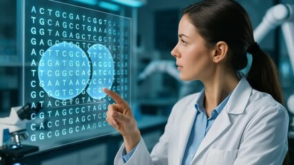 Female Researcher Analyzing DNA Sequences on Transparent Digital Screen in High-Tech Lab

 - Powered by Adobe