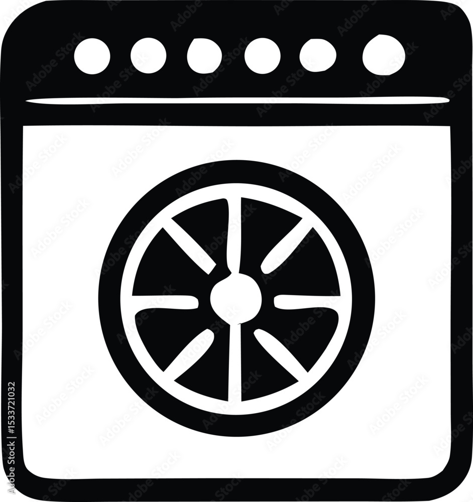 Poster simple black and white icon depicting a wheel or fan inside a rectangular frame with control buttons