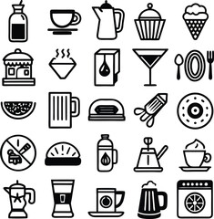 Collection of diverse food and beverage icons in black and white