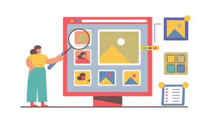 Woman using magnifying glass to view images on a computer screen with various icons around it