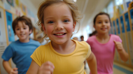 Obraz premium Excited Multiethnic School Kids Running in Colorful Hallway