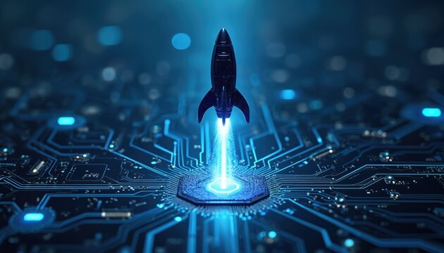 Digital abstract rocket launch from CPU processor on blue tech background. Concept of innovation, progress, computing, high technology, cyber launch, flight, transformation. Futuristic design, modern - Powered by Adobe