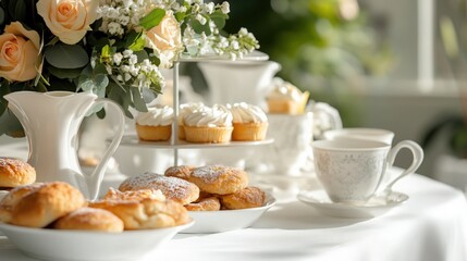 Elegant Easter afternoon tea setup with delicate pastries, porcelain cups, and a floral arrangement 