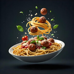 Spaghetti with meatballs and tomato sauce in a white bowl, basil leaves , parmesan cheese , floating meatballs , dark background
