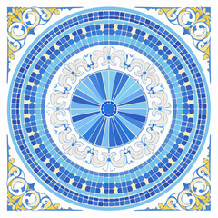 Obraz premium Mosaic tile pattern Greek blue sea texture background Rome circular vector ornament
