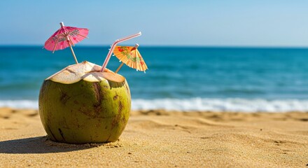Tropical Beach Coconut Beverage Tiny Umbrella Sunny Sand